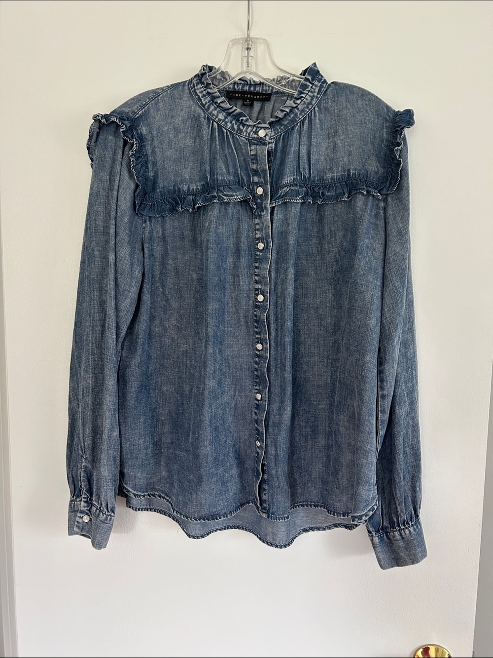 Jane and Delancey Washed Denim Ruffle-Trim Button Down Shirt - Blue